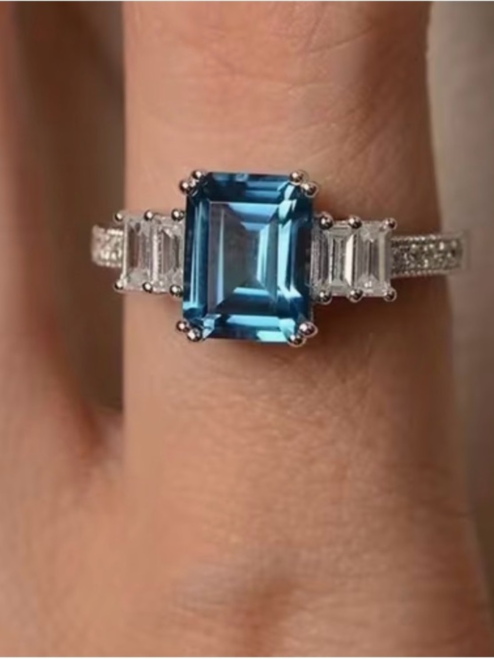 Blue Emerald-Cut Topaz Gemstone Ring with Baguette Accents-Size 6